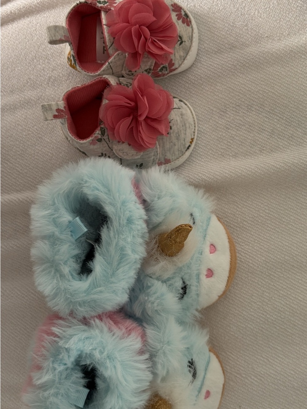 Floral Baby Mary Janes with Pink Rosettes & Blue Unicorn Plush Booties